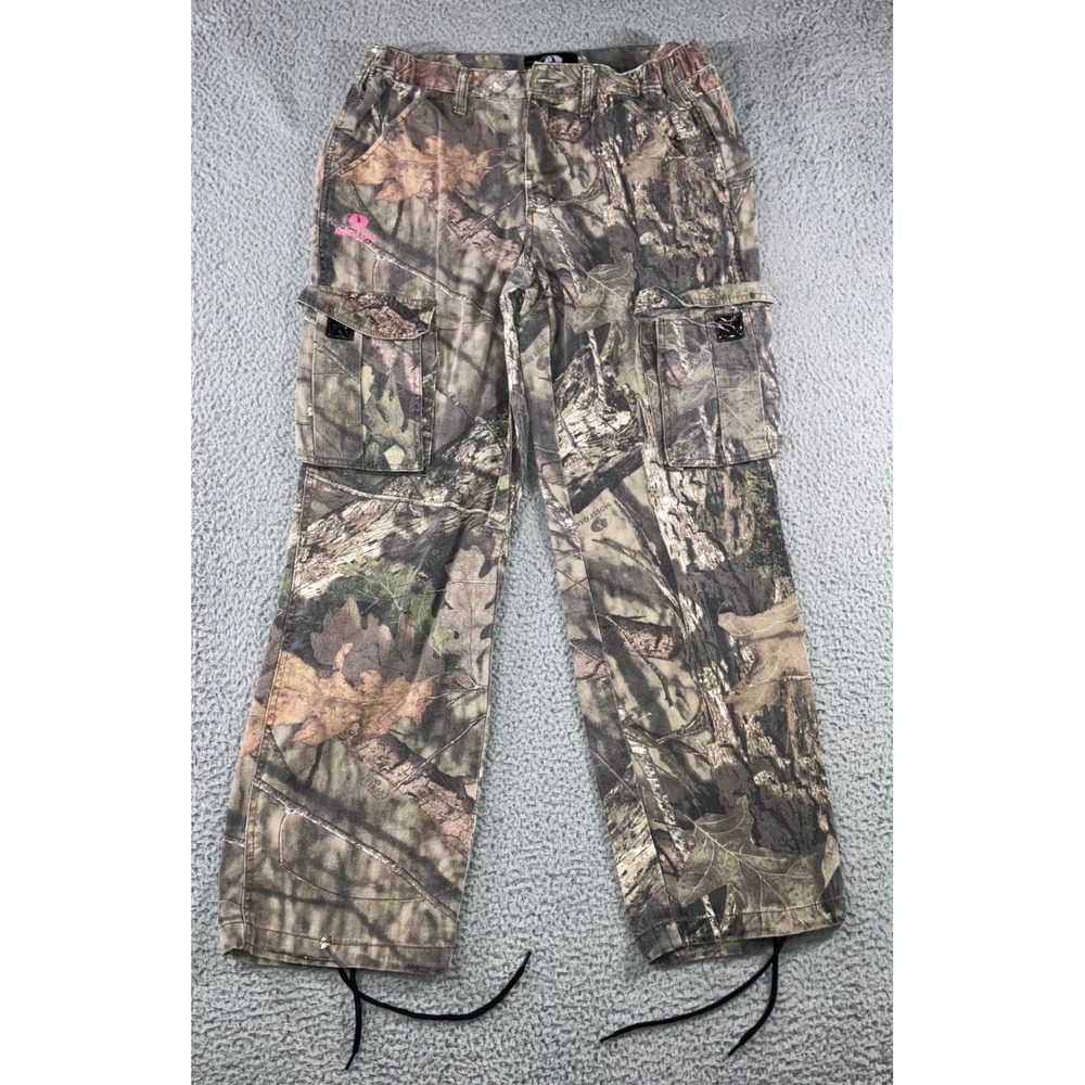 Mossy Oak Cargo Pants‎ Women Medium Camo Break-Up Pink Logo Drawstring Hem